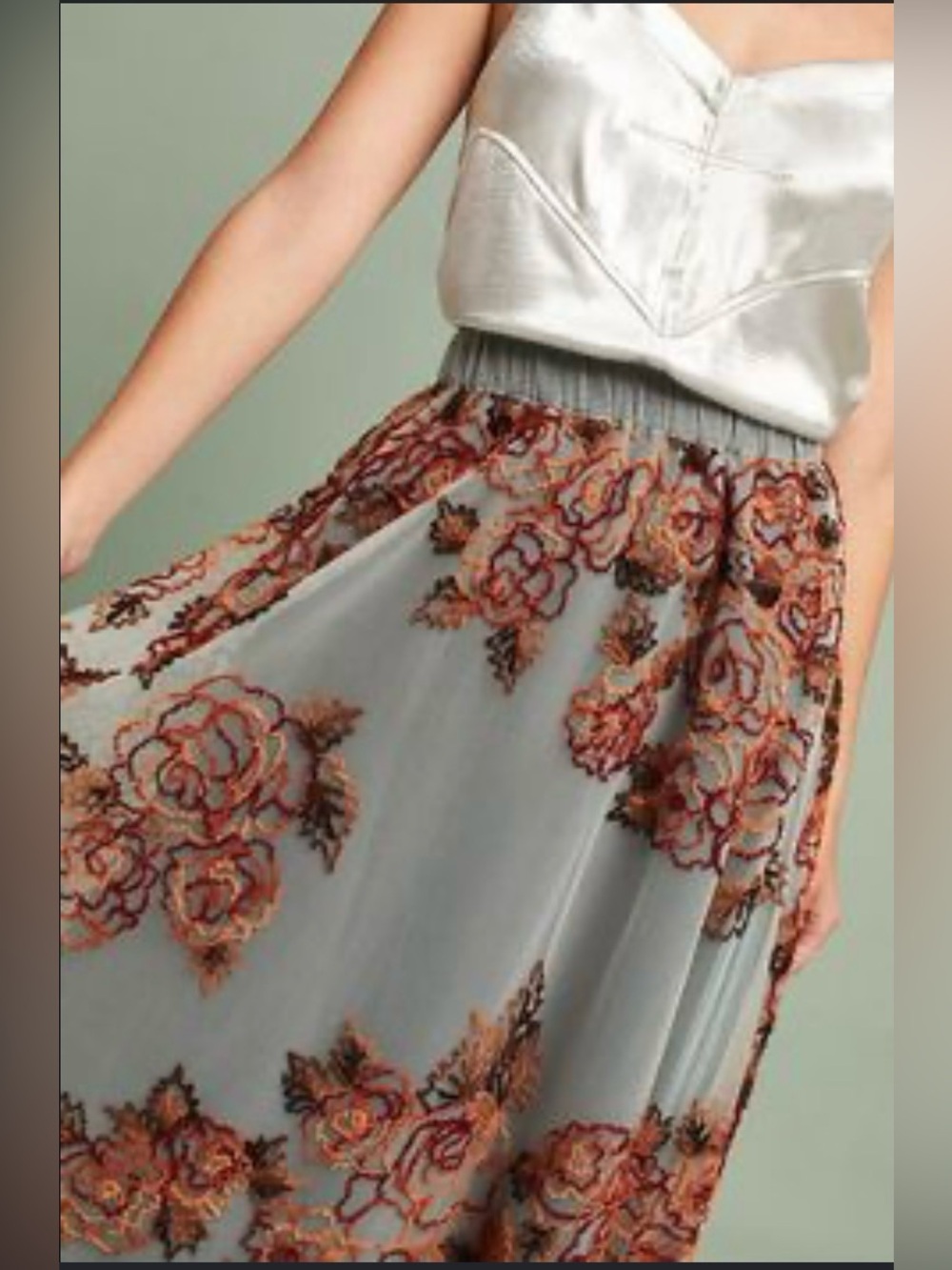 NWT Anthropologie Gray Chiffon Skirt with Rust Floral Embroidery